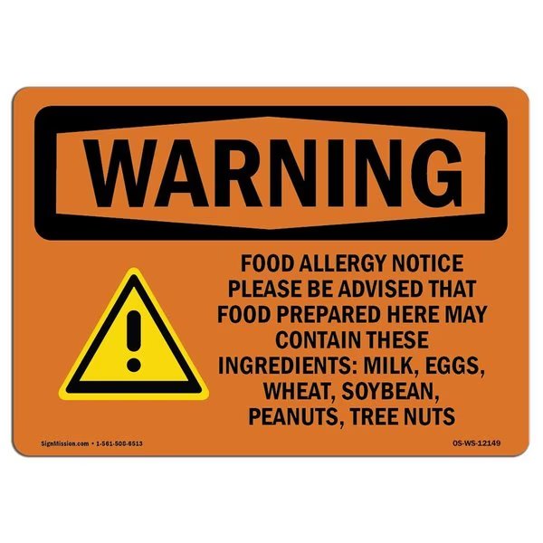 OSHA WARNING Sign, Food Allergy Please W/ Symbol, 14in X 10in Rigid Plastic, 10